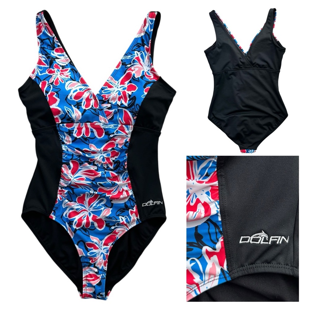 DOLPHIN Women’s Aquashape Swimsuit 1 Piece Tummy Control Floral Blue/Red Blk. 12